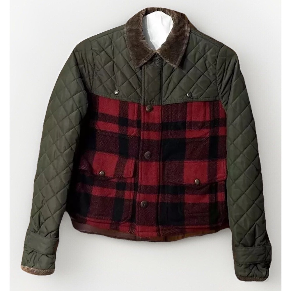 Polo Ralph Lauren Red & Black Plaid Green Quilted Jacket w/Corduroy collar trim